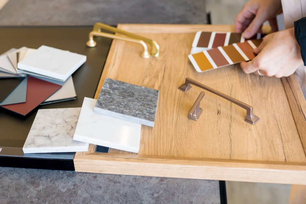 Cabinet samples with color swatches and hardware