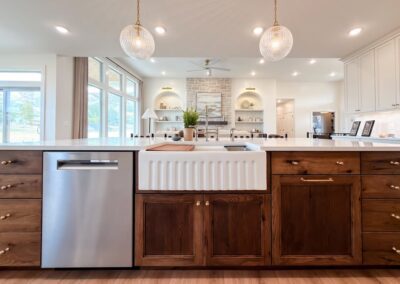Open-concept kitchen island with farmhouse sink