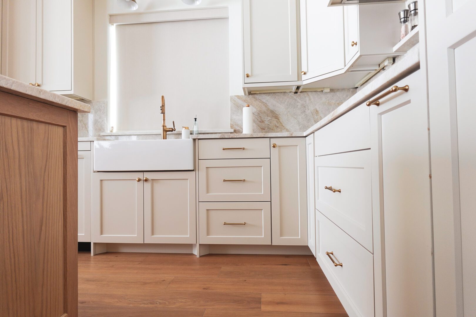 closeup of white cabinet drawers