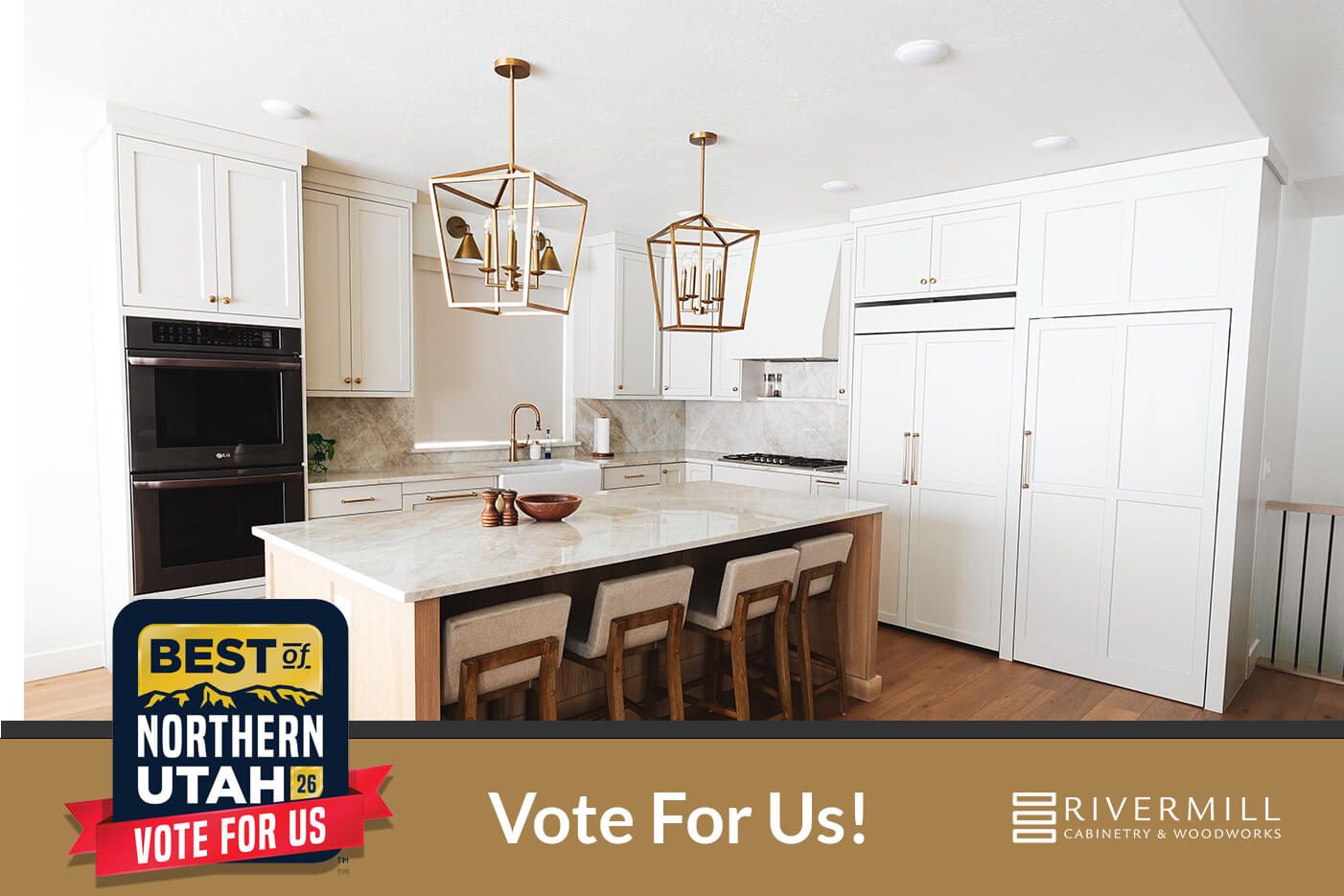 Modern white kitchen island with vote badge
